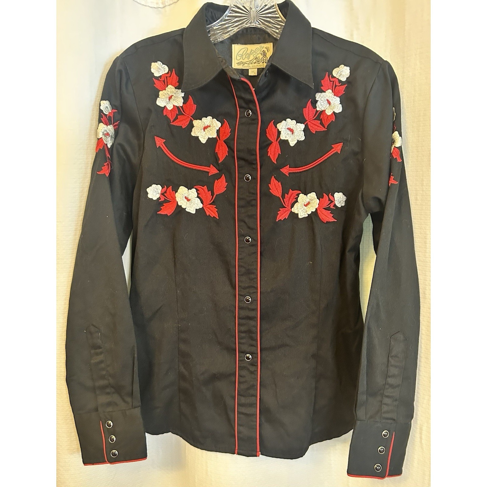 Vtg 80s Roper Western Shirt Pearl Snap Floral Embroidered Rockabilly M Black Red
